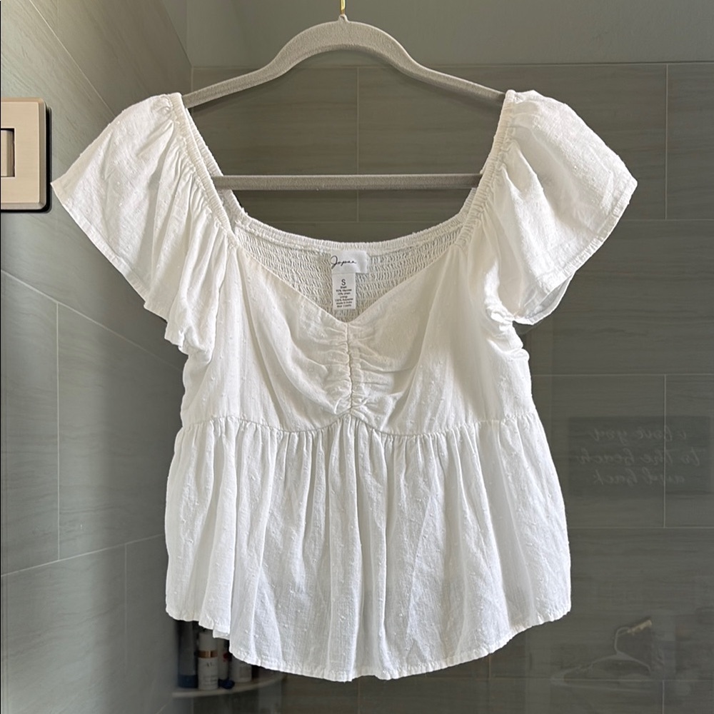 Japna Women's Cotton Smocked White Ruffled Top